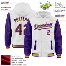 Загрузить изображение в средство просмотра галереи, Custom White Purple-Old Gold Bomber Full-Snap Varsity Letterman Two Tone Hoodie Jacket
