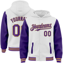 Загрузить изображение в средство просмотра галереи, Custom White Purple-Old Gold Bomber Full-Snap Varsity Letterman Two Tone Hoodie Jacket
