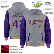 Загрузить изображение в средство просмотра галереи, Custom Gray Purple-Old Gold Bomber Full-Snap Varsity Letterman Two Tone Hoodie Jacket
