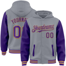 Загрузить изображение в средство просмотра галереи, Custom Gray Purple-Old Gold Bomber Full-Snap Varsity Letterman Two Tone Hoodie Jacket
