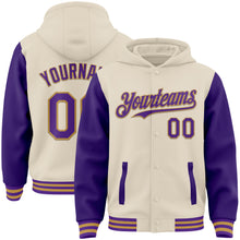 Charger l&#39;image dans la galerie, Custom Cream Purple-Old Gold Bomber Full-Snap Varsity Letterman Two Tone Hoodie Jacket

