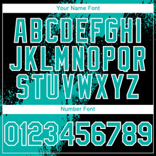 Charger l&#39;image dans la galerie, Custom Black Aqua-White Abstract Brush Stroke 3D Pattern Design Bomber Full-Snap Varsity Letterman Hoodie Jacket
