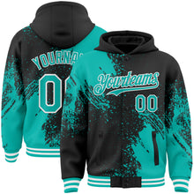 Charger l&#39;image dans la galerie, Custom Black Aqua-White Abstract Brush Stroke 3D Pattern Design Bomber Full-Snap Varsity Letterman Hoodie Jacket
