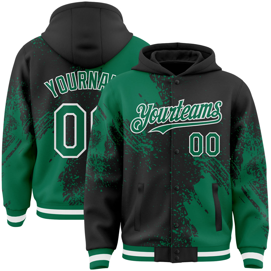 Custom Black Kelly Green-White Abstract Brush Stroke 3D Pattern Design Bomber Full-Snap Varsity Letterman Hoodie Jacket