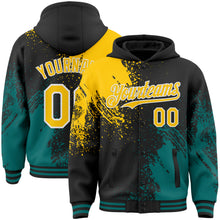 Charger l&#39;image dans la galerie, Custom Black Yellow Teal-White Abstract Brush Stroke 3D Pattern Design Bomber Full-Snap Varsity Letterman Hoodie Jacket
