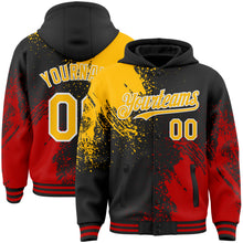 Charger l&#39;image dans la galerie, Custom Black Gold Red-White Abstract Brush Stroke 3D Pattern Design Bomber Full-Snap Varsity Letterman Hoodie Jacket
