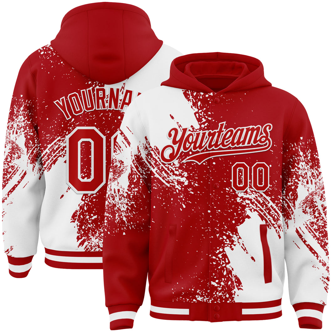 Custom Red White Abstract Brush Stroke 3D Pattern Design Bomber Full-Snap Varsity Letterman Hoodie Jacket
