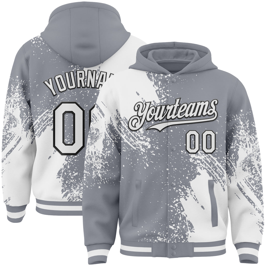 Custom Gray White-Black Abstract Brush Stroke 3D Pattern Design Bomber Full-Snap Varsity Letterman Hoodie Jacket