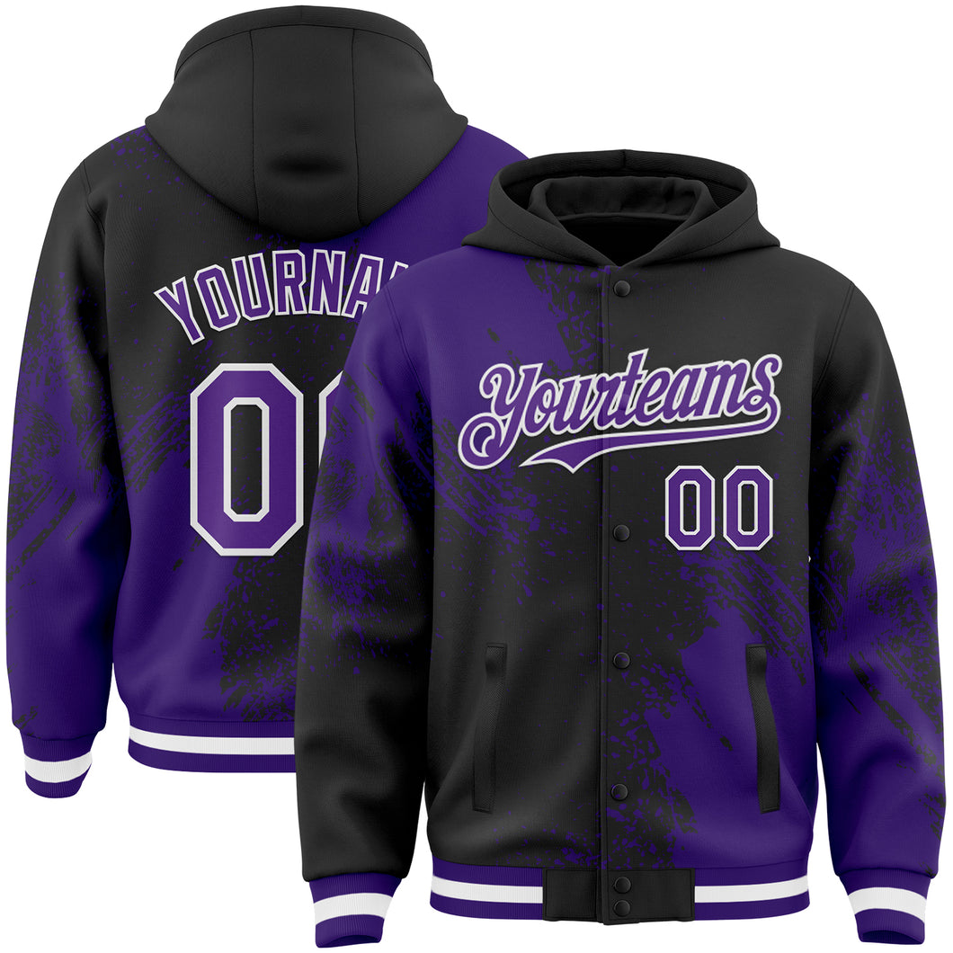 Custom Black Purple-White Abstract Brush Stroke 3D Pattern Design Bomber Full-Snap Varsity Letterman Hoodie Jacket