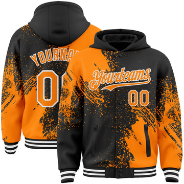Custom Black Bay Orange-White Abstract Brush Stroke 3D Pattern Design Bomber Full-Snap Varsity Letterman Hoodie Jacket