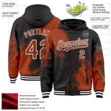 Charger l&#39;image dans la galerie, Custom Black Texas Orange-White Abstract Brush Stroke 3D Pattern Design Bomber Full-Snap Varsity Letterman Hoodie Jacket
