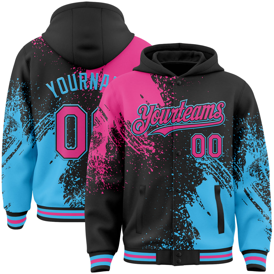 Custom Black Pink-Sky Blue Abstract Brush Stroke 3D Pattern Design Bomber Full-Snap Varsity Letterman Hoodie Jacket
