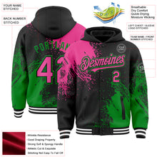 Charger l&#39;image dans la galerie, Custom Black Pink Grass Green-White Abstract Brush Stroke 3D Pattern Design Bomber Full-Snap Varsity Letterman Hoodie Jacket
