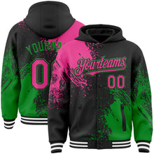 Charger l&#39;image dans la galerie, Custom Black Pink Grass Green-White Abstract Brush Stroke 3D Pattern Design Bomber Full-Snap Varsity Letterman Hoodie Jacket
