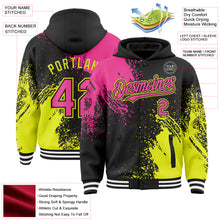Charger l&#39;image dans la galerie, Custom Black Pink Neon Yellow-White Abstract Brush Stroke 3D Pattern Design Bomber Full-Snap Varsity Letterman Hoodie Jacket
