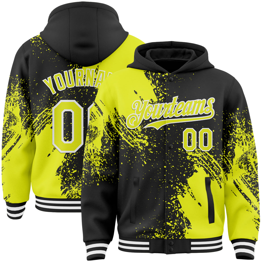 Custom Black Neon Yellow-White Abstract Brush Stroke 3D Pattern Design Bomber Full-Snap Varsity Letterman Hoodie Jacket