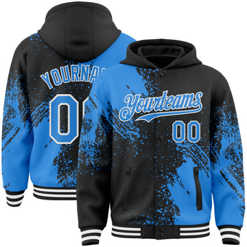 Custom Black Powder Blue-White Abstract Brush Stroke 3D Pattern Design Bomber Full-Snap Varsity Letterman Hoodie Jacket