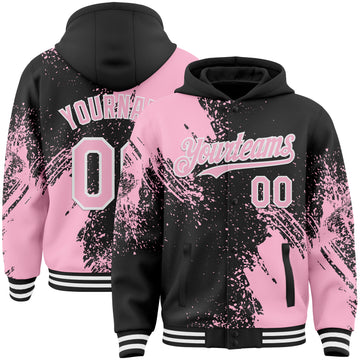 Custom Black Light Pink-White Abstract Brush Stroke 3D Pattern Design Bomber Full-Snap Varsity Letterman Hoodie Jacket