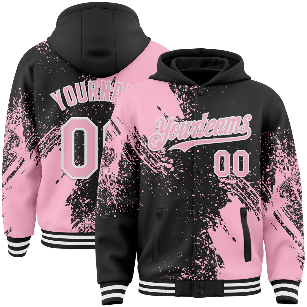 Custom Black Light Pink-White Abstract Brush Stroke 3D Pattern Design Bomber Full-Snap Varsity Letterman Hoodie Jacket