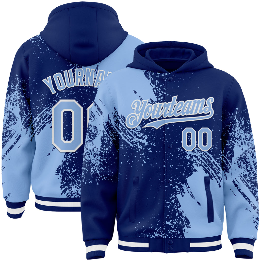 Custom Royal Light Blue-White Abstract Brush Stroke 3D Pattern Design Bomber Full-Snap Varsity Letterman Hoodie Jacket