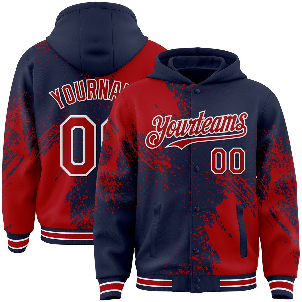 Custom Navy Red-White Abstract Brush Stroke 3D Pattern Design Bomber Full-Snap Varsity Letterman Hoodie Jacket