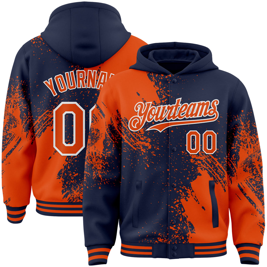 Custom Navy Orange-White Abstract Brush Stroke 3D Pattern Design Bomber Full-Snap Varsity Letterman Hoodie Jacket