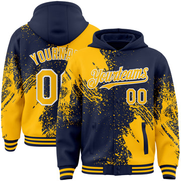Custom Navy Gold-White Abstract Brush Stroke 3D Pattern Design Bomber Full-Snap Varsity Letterman Hoodie Jacket