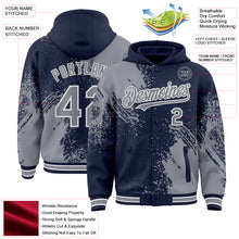 Charger l&#39;image dans la galerie, Custom Navy Gray-White Abstract Brush Stroke 3D Pattern Design Bomber Full-Snap Varsity Letterman Hoodie Jacket
