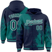 Charger l&#39;image dans la galerie, Custom Navy Teal-White Abstract Brush Stroke 3D Pattern Design Bomber Full-Snap Varsity Letterman Hoodie Jacket

