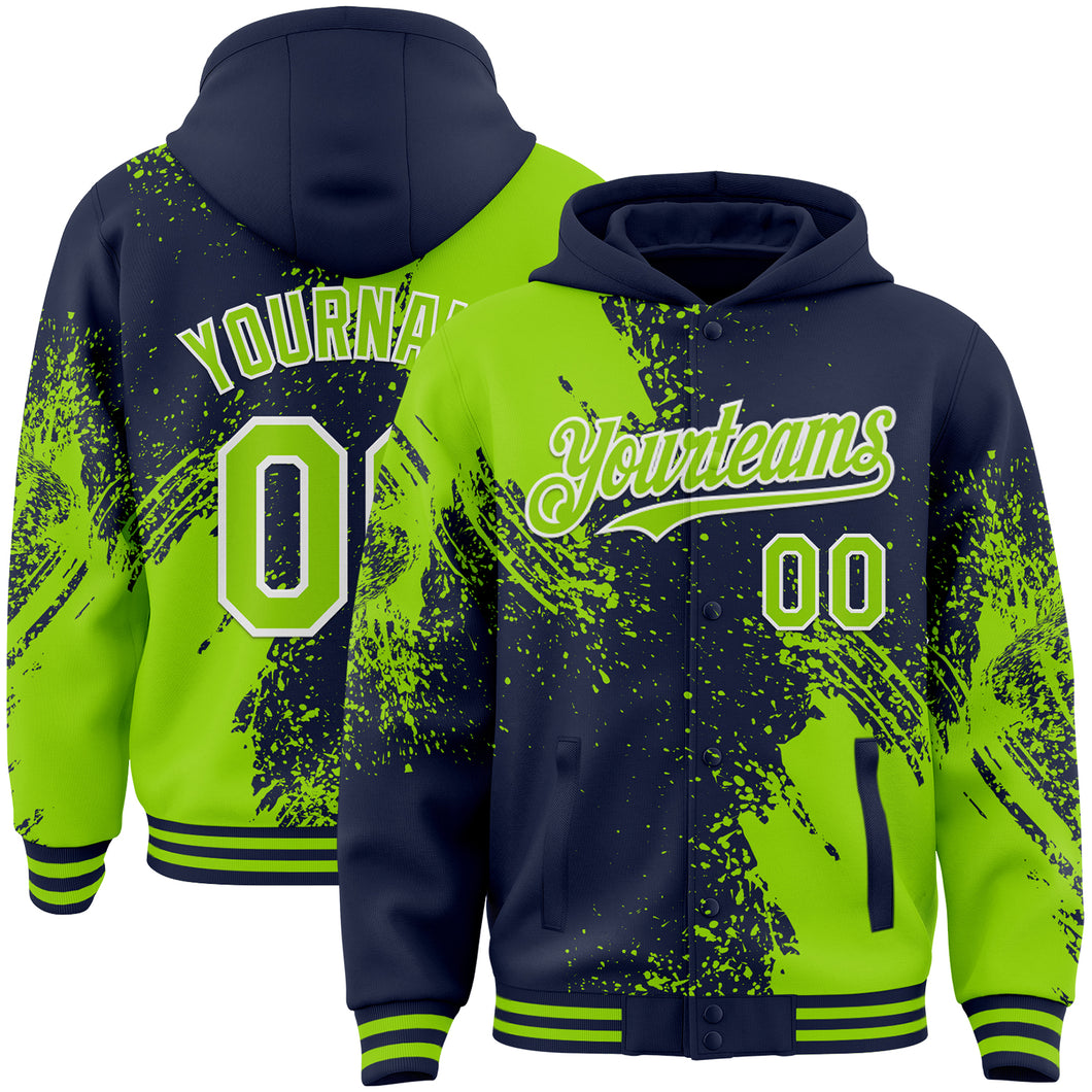Custom Navy Neon Green-White Abstract Brush Stroke 3D Pattern Design Bomber Full-Snap Varsity Letterman Hoodie Jacket