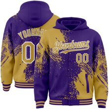 Charger l&#39;image dans la galerie, Custom Purple Old Gold-White Abstract Brush Stroke 3D Pattern Design Bomber Full-Snap Varsity Letterman Hoodie Jacket
