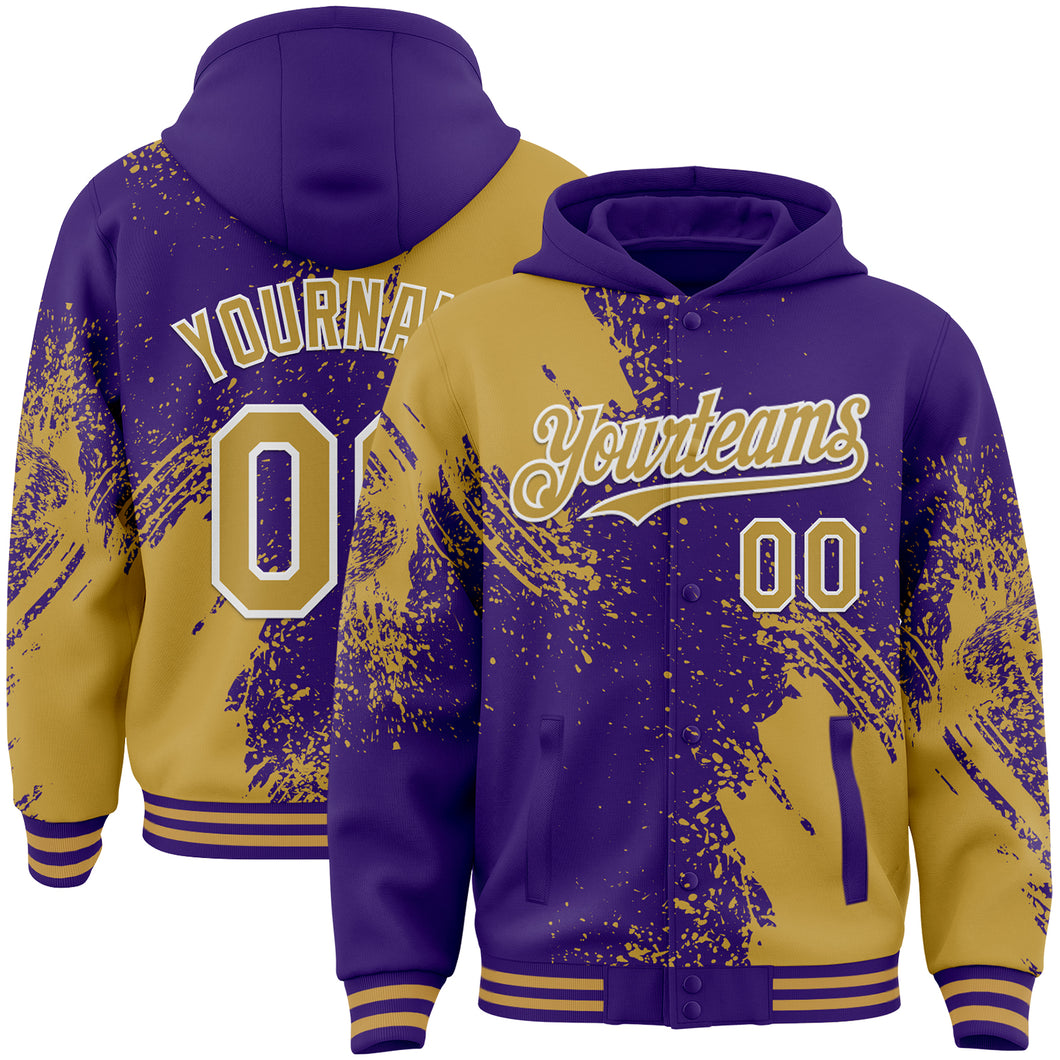 Custom Purple Old Gold-White Abstract Brush Stroke 3D Pattern Design Bomber Full-Snap Varsity Letterman Hoodie Jacket