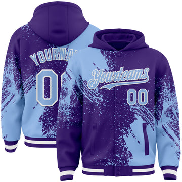 Custom Purple Light Blue-White Abstract Brush Stroke 3D Pattern Design Bomber Full-Snap Varsity Letterman Hoodie Jacket