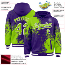 Charger l&#39;image dans la galerie, Custom Purple Neon Green-White Abstract Brush Stroke 3D Pattern Design Bomber Full-Snap Varsity Letterman Hoodie Jacket
