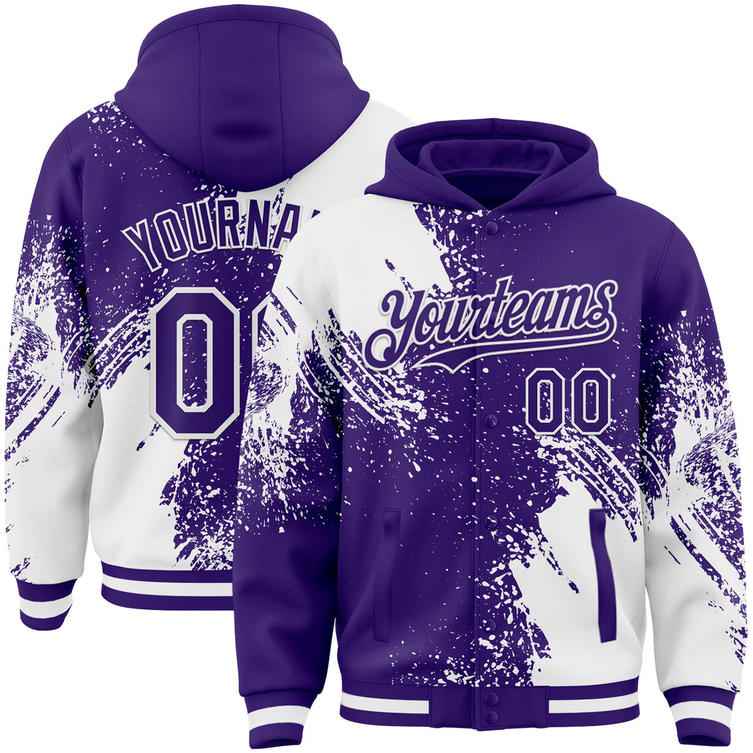 Custom Purple White Abstract Brush Stroke 3D Pattern Design Bomber Full-Snap Varsity Letterman Hoodie Jacket