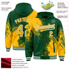 Charger l&#39;image dans la galerie, Custom Kelly Green Gold-White Abstract Brush Stroke 3D Pattern Design Bomber Full-Snap Varsity Letterman Hoodie Jacket
