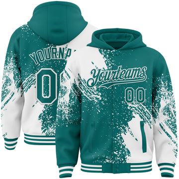 Custom Teal White Abstract Brush Stroke 3D Pattern Design Bomber Full-Snap Varsity Letterman Hoodie Jacket
