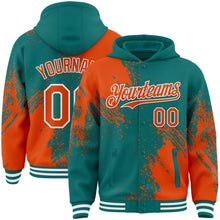 Charger l&#39;image dans la galerie, Custom Teal Orange-White Abstract Brush Stroke 3D Pattern Design Bomber Full-Snap Varsity Letterman Hoodie Jacket
