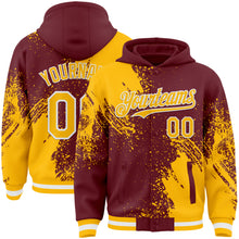 Charger l&#39;image dans la galerie, Custom Burgundy Gold-White Abstract Brush Stroke 3D Pattern Design Bomber Full-Snap Varsity Letterman Hoodie Jacket
