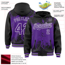 Load image into Gallery viewer, Custom Black Purple-White Splash Art 3D Pattern Design Bomber Full-Snap Varsity Letterman Hoodie Jacket
