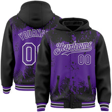 Load image into Gallery viewer, Custom Black Purple-White Splash Art 3D Pattern Design Bomber Full-Snap Varsity Letterman Hoodie Jacket
