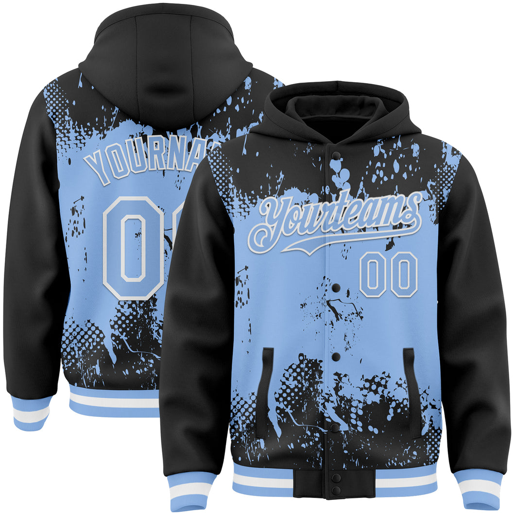 Custom Black Light Blue-White Splash Art 3D Pattern Design Bomber Full-Snap Varsity Letterman Hoodie Jacket