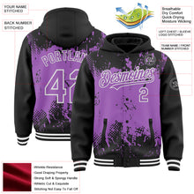 Load image into Gallery viewer, Custom Black Medium Purple-White Splash Art 3D Pattern Design Bomber Full-Snap Varsity Letterman Hoodie Jacket
