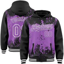 Load image into Gallery viewer, Custom Black Medium Purple-White Splash Art 3D Pattern Design Bomber Full-Snap Varsity Letterman Hoodie Jacket
