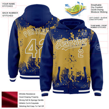 Load image into Gallery viewer, Custom Royal Old Gold-White Splash Art 3D Pattern Design Bomber Full-Snap Varsity Letterman Hoodie Jacket
