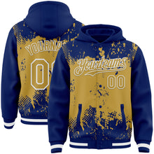 Load image into Gallery viewer, Custom Royal Old Gold-White Splash Art 3D Pattern Design Bomber Full-Snap Varsity Letterman Hoodie Jacket
