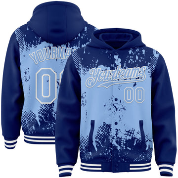 Custom Royal Light Blue-White Splash Art 3D Pattern Design Bomber Full-Snap Varsity Letterman Hoodie Jacket