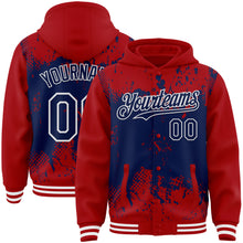 Load image into Gallery viewer, Custom Red Navy-White Splash Art 3D Pattern Design Bomber Full-Snap Varsity Letterman Hoodie Jacket
