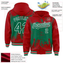 Load image into Gallery viewer, Custom Red Kelly Green-White Splash Art 3D Pattern Design Bomber Full-Snap Varsity Letterman Hoodie Jacket
