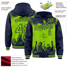 Load image into Gallery viewer, Custom Navy Neon Green Splash Art 3D Pattern Design Bomber Full-Snap Varsity Letterman Hoodie Jacket
